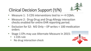 Clinical Decision Support (Y/N)
• Measure 1: 5 CDS interventions tied to >= 4 CQMs.
• Measure 2: Drug-Drug and Drug-Allergy interaction
checks enabled for entire EHR reporting period.
• Exclusion for S2: M2 Only – EP writes < 100 medication
orders
• Stage 1 EPs may use Alternate Measure in 2015:
• 1 CDS rule
• No drug interaction check
 