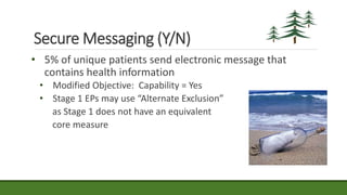 Secure Messaging (Y/N)
• 5% of unique patients send electronic message that
contains health information
• Modified Objective: Capability = Yes
• Stage 1 EPs may use “Alternate Exclusion”
as Stage 1 does not have an equivalent
core measure
 