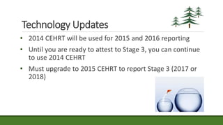 Technology Updates
• 2014 CEHRT will be used for 2015 and 2016 reporting
• Until you are ready to attest to Stage 3, you can continue
to use 2014 CEHRT
• Must upgrade to 2015 CEHRT to report Stage 3 (2017 or
2018)
 