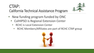 CTAP:
California Technical Assistance Program
• New funding program funded by ONC
• CalHIPSO is Regional Extension Center
• RCHC is Local Extension Center
• RCHC Members/Affiliates are part of RCHC CTAP group
 