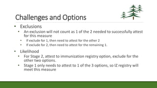 Challenges and Options
• Exclusions
• An exclusion will not count as 1 of the 2 needed to successfully attest
for this measure
• If exclude for 1, then need to attest for the other 2
• If exclude for 2, then need to attest for the remaining 1.
• Likelihood
• For Stage 2, attest to immunization registry option, exclude for the
other two options.
• Stage 1 only needs to attest to 1 of the 3 options, so IZ registry will
meet this measure
 