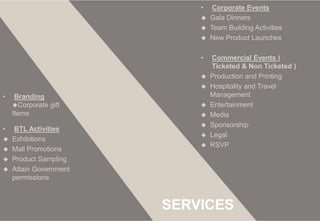 • BTL Activities
 Exhibitions
 Mall Promotions
 Product Sampling
 Attain Government
permissions
• Corporate Events
 Gala Dinners
 Team Building Activities
 New Product Launches
• Commercial Events (
Ticketed & Non Ticketed )
 Production and Printing
 Hospitality and Travel
Management
 Entertainment
 Media
 Sponsorship
 Legal
 RSVP
SERVICES
• Branding
Corporate gift
Items
 