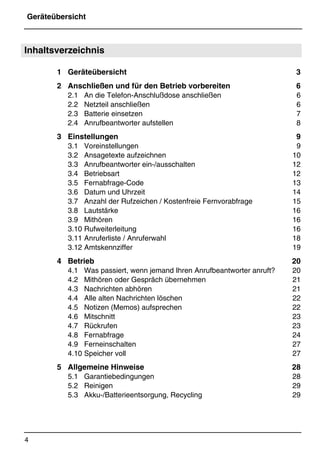 Geräteübersicht
4
*Print Job: , 11.01.00, 11:46
Inhaltsverzeichnis
1 Geräteübersicht 3
2 Anschließen und für den Betrieb vorbereiten 6
2.1 An die Telefon-Anschlußdose anschließen 6
2.2 Netzteil anschließen 6
2.3 Batterie einsetzen 7
2.4 Anrufbeantworter aufstellen 8
3 Einstellungen 9
3.1 Voreinstellungen 9
3.2 Ansagetexte aufzeichnen 10
3.3 Anrufbeantworter ein-/ausschalten 12
3.4 Betriebsart 12
3.5 Fernabfrage-Code 13
3.6 Datum und Uhrzeit 14
3.7 Anzahl der Rufzeichen / Kostenfreie Fernvorabfrage 15
3.8 Lautstärke 16
3.9 Mithören 16
3.10 Rufweiterleitung 16
3.11 Anruferliste / Anruferwahl 18
3.12 Amtskennziffer 19
4 Betrieb 20
4.1 Was passiert, wenn jemand Ihren Anrufbeantworter anruft? 20
4.2 Mithören oder Gespräch übernehmen 21
4.3 Nachrichten abhören 21
4.4 Alle alten Nachrichten löschen 22
4.5 Notizen (Memos) aufsprechen 22
4.6 Mitschnitt 23
4.7 Rückrufen 23
4.8 Fernabfrage 24
4.9 Ferneinschalten 27
4.10 Speicher voll 27
5 Allgemeine Hinweise 28
5.1 Garantiebedingungen 28
5.2 Reinigen 29
5.3 Akku-/Batterieentsorgung, Recycling 29
 