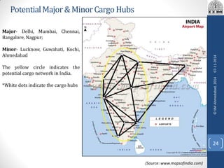 PotentialMajor&MinorCargo Hubs
07-11-2014
24
©IIMAhmedabad,2014
Major- Delhi, Mumbai, Chennai,
Bangalore, Nagpur;
Minor- Lucknow, Guwahati, Kochi,
Ahmedabad
The yellow circle indicates the
potential cargo network in India.
*White dots indicate the cargo hubs
(Source: www.mapsofindia.com)
 
