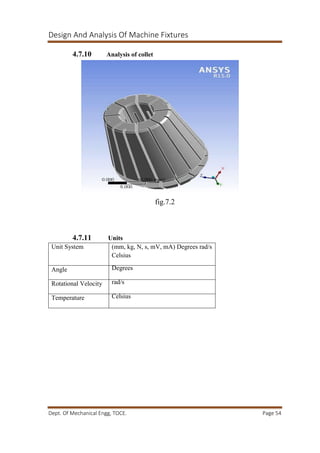 Design And Analysis Of Machine Fixtures
Dept. Of Mechanical Engg, TOCE. Page 54
4.7.10 Analysis of collet
fig.7.2
4.7.11 Units
Unit System (mm, kg, N, s, mV, mA) Degrees rad/s
Celsius
Angle Degrees
Rotational Velocity rad/s
Temperature Celsius
 