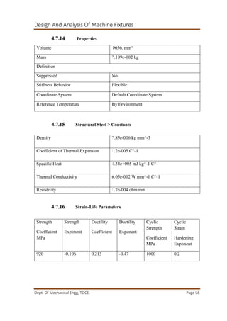 Design And Analysis Of Machine Fixtures
Dept. Of Mechanical Engg, TOCE. Page 56
4.7.14 Properties
4.7.15 Structural Steel > Constants
4.7.16 Strain-Life Parameters
Volume 9056. mm³
Mass 7.109e-002 kg
Definition
Suppressed No
Stiffness Behavior Flexible
Coordinate System Default Coordinate System
Reference Temperature By Environment
Density 7.85e-006 kg mm^-3
Coefficient of Thermal Expansion 1.2e-005 C^-1
Specific Heat 4.34e+005 mJ kg^-1 C^-
Thermal Conductivity 6.05e-002 W mm^-1 C^-1
Resistivity 1.7e-004 ohm mm
Strength
Coefficient
MPa
Strength
Exponent
Ductility
Coefficient
Ductility
Exponent
Cyclic
Strength
Coefficient
MPa
Cyclic
Strain
Hardening
Exponent
920 -0.106 0.213 -0.47 1000 0.2
 