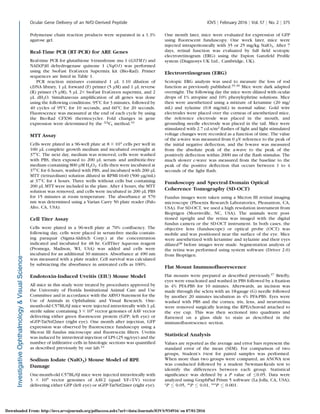 Polymerase chain reaction products were separated in a 1.3%
agarose gel.
Real-Time PCR (RT-PCR) for ARE Genes
Real-time PCR for glutathione S-transferase mu 1 (GSTM1) and
NAD(P)H dehydrogenase quinone 1 (NqO1) was performed
using the SsoFast EvaGreen Supermix kit (Bio-Rad). Primer
sequences are listed in Table 1.
PCR reaction mixtures contained 1 lL 1:10 dilution of
cDNA library, 1 lL forward (F) primer (5 lM) and 1 lL reverse
(R) primer (5 lM), 5 lL 23 SsoFast EvaGreen supermix, and 2
lL dH2O. Simultaneous ampliﬁcation of all genes was done
using the following conditions: 958C for 3 minutes, followed by
40 cycles of 958C for 10 seconds, and 608C for 20 seconds.
Fluorescence was measured at the end of each cycle by using
the Bio-Rad CFX96 thermocycler. Fold changes in gene
expression were determined by the DD
Ct method.33
MTT Assay
Cells were plated in a 96-well plate at 8 3 104 cells per well in
100 lL complete growth medium and incubated overnight at
378C. The next day, medium was removed, cells were washed
with PBS, then exposed to 200 lL serum- and antibiotic-free
medium containing 800 lM H2O2. Cells then were incubated at
378C for 6 hours, washed with PBS, and incubated with 200 lL
MTT (tetrazolium) solution diluted in RPMI-1640 (500 lg/mL)
at 378C for 4 hours. Three wells without cells but containing
200 lL MTT were included in the plate. After 4 hours, the MTT
solution was removed, and cells were incubated in 200 lL PBS
for 15 minutes at room temperature. The absorbance at 570
nm was determined using a Varian Carry 50 plate reader (Palo
Alto, CA, USA).
Cell Titer Assay
Cells were plated in a 96-well plate at 70% conﬂuency. The
following day, cells were placed in serum-free media contain-
ing paraquat (Sigma-Aldrich Corp.) at the concentration
indicated and incubated for 48 hr. CellTiter Aqueous reagent
(Promega, Madison, WI, USA) was added and cells were
incubated for an additional 30 minutes. Absorbance at 490 nm
was measured with a plate reader. Cell survival was calculated
by subtracting the absorbance in untreated cells as 100%.
Endotoxin-Induced Uveitis (EIU) Mouse Model
All mice in this study were treated by procedures approved by
the University of Florida Institutional Animal Care and Use
Committee and in accordance with the ARVO Statement for the
Use of Animals in Ophthalmic and Visual Research. One-
month-old C57BL/6J mice were injected intravitreally with 1 lL
sterile saline containing 3 3 109 vector genomes of AAV vector
delivering either green ﬂuorescent protein (GFP; left eye) or
sGFP-TatNrf2mer (right eye). One month after injection, GFP
expression was observed by ﬂuorescence funduscopy using a
Micron III fundus microscope and ﬂuorescein ﬁlters. Uveitis
was induced by intravitreal injection of LPS (25 ng/eye) and the
number of inﬁltrative cells in histologic sections was quantiﬁed
as described previously by our lab.34
Sodium Iodate (NaIO3) Mouse Model of RPE
Damage
One-month-old C57BL/6J mice were injected intravitreally with
3 3 109 vector genomes of AAV2 (quad Y-FþT-V) vector
delivering either GFP (left eye) or sGFP-TatNrf2mer (right eye).
One month later, mice were evaluated for expression of GFP
using ﬂuorescent funduscopy. One week later, mice were
injected intraperitoneally with 35 or 25 mg/kg NaIO3. After 7
days, retinal function was evaluated by full ﬁeld scotopic
electroretinogram (ERG) using the Espion Ganzfeld Proﬁle
system (Diagnosys UK Ltd., Cambridge, UK).
Electroretinogram (ERG)
Scotopic ERG analysis was used to measure the loss of rod
function as previously published.35,36
Mice were dark adapted
overnight. The following day the mice were dilated with ocular
drops of 1% atropine and 10% phenylephrine solutions. Mice
then were anesthetized using a mixture of ketamine (20 mg/
mL) and xylazine (0.8 mg/mL) in normal saline. Gold wire
electrodes were placed over the corneas of anesthetized mice,
the reference electrode was placed in the mouth, and
grounding needle electrode was placed in the tail. Mice were
stimulated with 2.7 cd.s/m2
ﬂashes of light and light stimulated
voltage changes were recorded as a function of time. The value
of the a-wave was measured from 0 lV reference to the peak of
the initial negative deﬂection, and the b-wave was measured
from the absolute peak of the a-wave to the peak of the
positively deﬂection within 2000 ms of the ﬂash stimulus. The
much slower c-wave was measured from the baseline to the
peak of the positive deﬂection that occurs between 1 to 4
seconds of the light ﬂash.
Fundoscopy and Spectral-Domain Optical
Coherence Tomography (SD-OCT)
Fundus images were taken using a Micron III retinal imaging
microscope (Phoenix Research Laboratories, Pleasanton, CA,
USA). For SD-OCT, we used a high resolution instrument from
Bioptigen (Morrisville, NC, USA). The animals were posi-
tioned upright and the retina was imaged with the digital
fundus camera or the SD-OCT instrument. In both cases, the
objective lens (funduscope) or optical probe (OCT) was
mobile and was positioned near the surface of the eye. Mice
were anesthetized with ketamine and xylazine and their eyes
dilated28
before images were made. Segmentation analysis of
the retina was performed using system software (Driver 2.0)
from Bioptigen.
Flat Mount Immunoﬂuorescence
Flat mounts were prepared as described previously.37 Brieﬂy,
eyes were enucleated and washed in PBS followed by a ﬁxation
in 4% PFA-PBS for 10 minutes. Afterwards, an incision was
made through the sclera with an 18-gauge (G) needle followed
by another 20 minutes incubation in 4% PFA-PBS. Eyes were
washed with PBS and the cornea, iris, lens, and neuroretina
were removed surgically leaving the RPE/choroid attached to
the eye cup. This was then sectioned into quadrants and
ﬂattened on a glass slide to stain as described in the
immunoﬂuorescence section.
Statistical Analysis
Values are reported as the average and error bars represent the
standard error of the mean (SEM). For comparison of two
groups, Student’s t-test for paired samples was performed.
When more than two groups were compared, an ANOVA test
was conducted followed by a student Newman-Keuls test to
identify the differences between each group. Statistical
signiﬁcance was deﬁned by a P value of 0.05. Data were
analyzed using GraphPad Prism 5 software (La Jolla, CA, USA);
*P 0.05, **P 0.01, ***P 0.001.
Ocular Gene Delivery of an Nrf2-Derived Peptide IOVS j February 2016 j Vol. 57 j No. 2 j 375
Downloaded From: http://iovs.arvojournals.org/pdfaccess.ashx?url=/data/Journals/IOVS/934916/ on 07/01/2016
 
