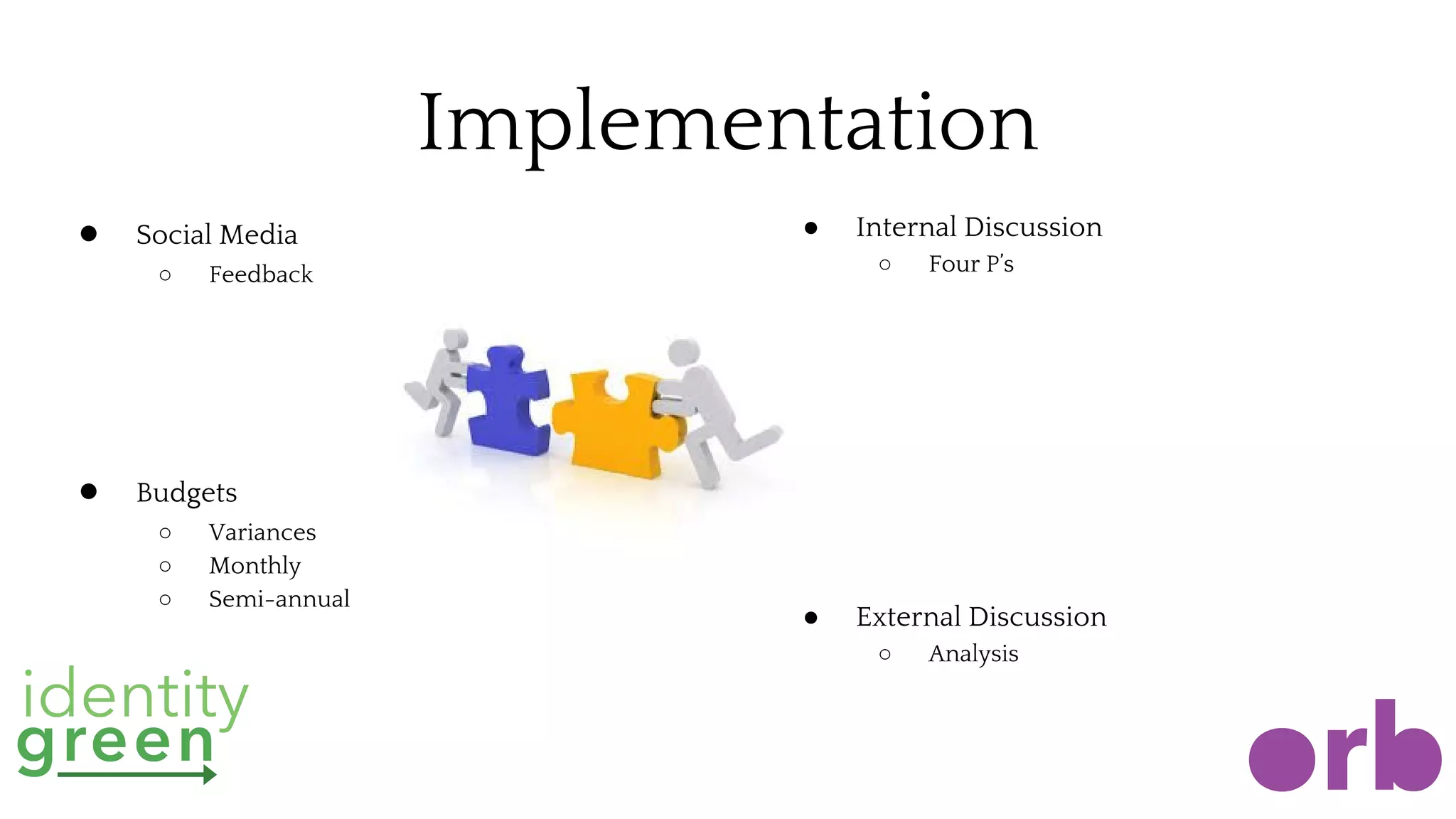Implementation
● Social Media
○ Feedback
● Budgets
○ Variances
○ Monthly
○ Semi-annual
● Internal Discussion
○ Four P’s
● External Discussion
○ Analysis
 