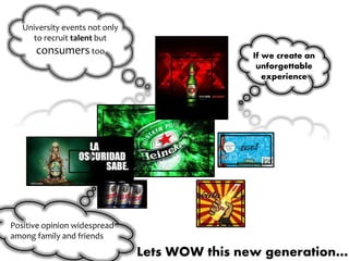 University events not only
to recruit talent but
consumers too
If we create an
unforgettable
experience
Positive opinion widespread
among family and friends
Lets WOW this new generation….
 