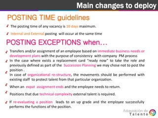 Goal Main changes to deploy
POSTING TIME guidelines
The posting time of any vacancy is 10 days maximum.
Internal and External posting will occur at the same time
POSTING EXCEPTIONS when...
Transfers and/or assignment of an employee based on immediate business needs or
development plans with the purpose of consistency with company PM process
In the case where exists a replacement card “ready now” to take the role and
previously defined as part of the Succession Planning we may chose not to post the
position .
In case of organizational re-structure, the movements should be performed with
existing staff to protect talent from that particular organization.
When an expat assignment ends and the employee needs to return.
Positions that due technical complexity external talent is required.
If re-evaluating a position leads to an up grade and the employee successfully
performs the functions of the position.
 