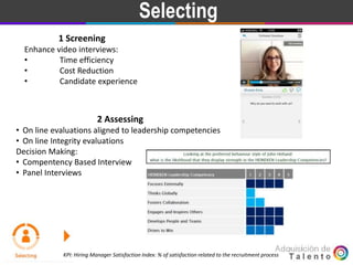 Goal Selecting
1 Screening
Enhance video interviews:
• Time efficiency
• Cost Reduction
• Candidate experience
2 Assessing
• On line evaluations aligned to leadership competencies
• On line Integrity evaluations
Decision Making:
• Compentency Based Interview
• Panel Interviews
KPI: Hiring Manager Satisfaction Index: % of satisfaction related to the recruitment process
 