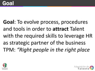 GoalGoal
Goal: To evolve process, procedures
and tools in order to attract Talent
with the required skills to leverage HR
as strategic partner of the business
TPM: “Right people in the right place
 