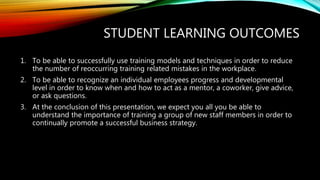 STUDENT LEARNING OUTCOMES
1. To be able to successfully use training models and techniques in order to reduce
the number of reoccurring training related mistakes in the workplace.
2. To be able to recognize an individual employees progress and developmental
level in order to know when and how to act as a mentor, a coworker, give advice,
or ask questions.
3. At the conclusion of this presentation, we expect you all you be able to
understand the importance of training a group of new staff members in order to
continually promote a successful business strategy.
 