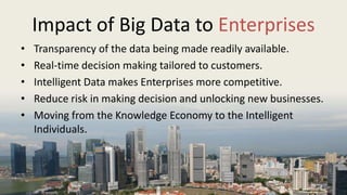 Impact of Big Data to Enterprises
• Transparency of the data being made readily available.
• Real-time decision making tailored to customers.
• Intelligent Data makes Enterprises more competitive.
• Reduce risk in making decision and unlocking new businesses.
• Moving from the Knowledge Economy to the Intelligent
Individuals.
 
