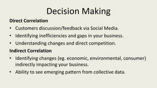 Direct Correlation
Indirect Correlation
• Customers discussion/feedback via Social Media.
• Identifying inefficiencies and gaps in your business.
• Understanding changes and direct competition.
• Identifying changes (eg. economic, environmental, consumer)
indirectly impacting your business.
• Ability to see emerging pattern from collective data.
Decision Making
 