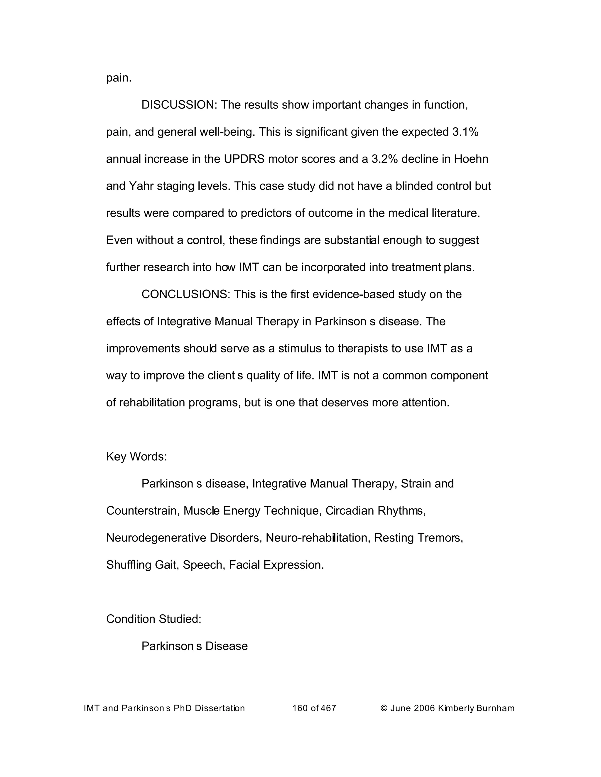 Integrative Manual Therapy & Parkinson's Disease Symptoms, Dopamine,