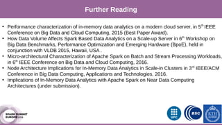 Our Approach
Further Reading
●
Performance characterization of in-memory data analytics on a modern cloud server, in 5th
IEEE
Conference on Big Data and Cloud Computing, 2015 (Best Paper Award).
●
How Data Volume Affects Spark Based Data Analytics on a Scale-up Server in 6th
Workshop on
Big Data Benchmarks, Performance Optimization and Emerging Hardware (BpoE), held in
conjunction with VLDB 2015, Hawaii, USA .
●
Micro-architectural Characterization of Apache Spark on Batch and Stream Processing Workloads,
in 6th
IEEE Conference on Big Data and Cloud Computing, 2016.
●
Node Architecture Implications for In-Memory Data Analytics in Scale-in Clusters in 3rd
IEEE/ACM
Conference in Big Data Computing, Applications and Technologies, 2016.
●
Implications of In-Memory Data Analytics with Apache Spark on Near Data Computing
Architectures (under submission).
 