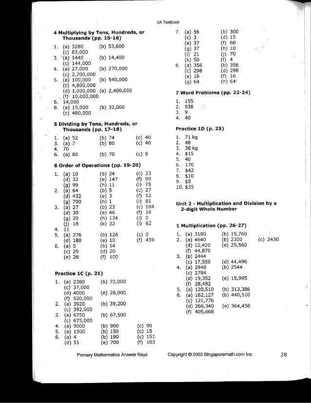Singapore Math 5a Answer Keys Singapore Math 5a Answer Keys
