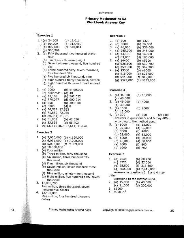 Singapore Math 5a Answer Keys Singapore Math 5a Answer Keys