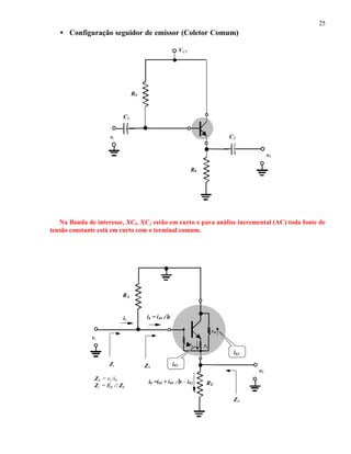25
• Configuração seguidor de emissor (Coletor Comum)
Na Banda de interesse, XC1, XC2 estão em curto e para análise incremental (AC) toda fonte de
tensão constante está em curto com o terminal comum.
RB
vi
v0
RE
ββre re
r0
ii
Zi
Z0
i02
i01
ib = i01 //β
Zb
i0 =i01 + i01 //β - i02
Zb = vi /ib
Zi = RB // Zb
RB
VCC
vi C2
C1
v0
RE
 