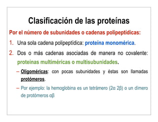 Clasificación de las proteínas
Por el número de subunidades o cadenas polipeptídicas:
1. Una sola cadena polipeptídica: pr...