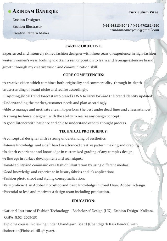 arindam banerjee resume fashion designer resume for fashion designer