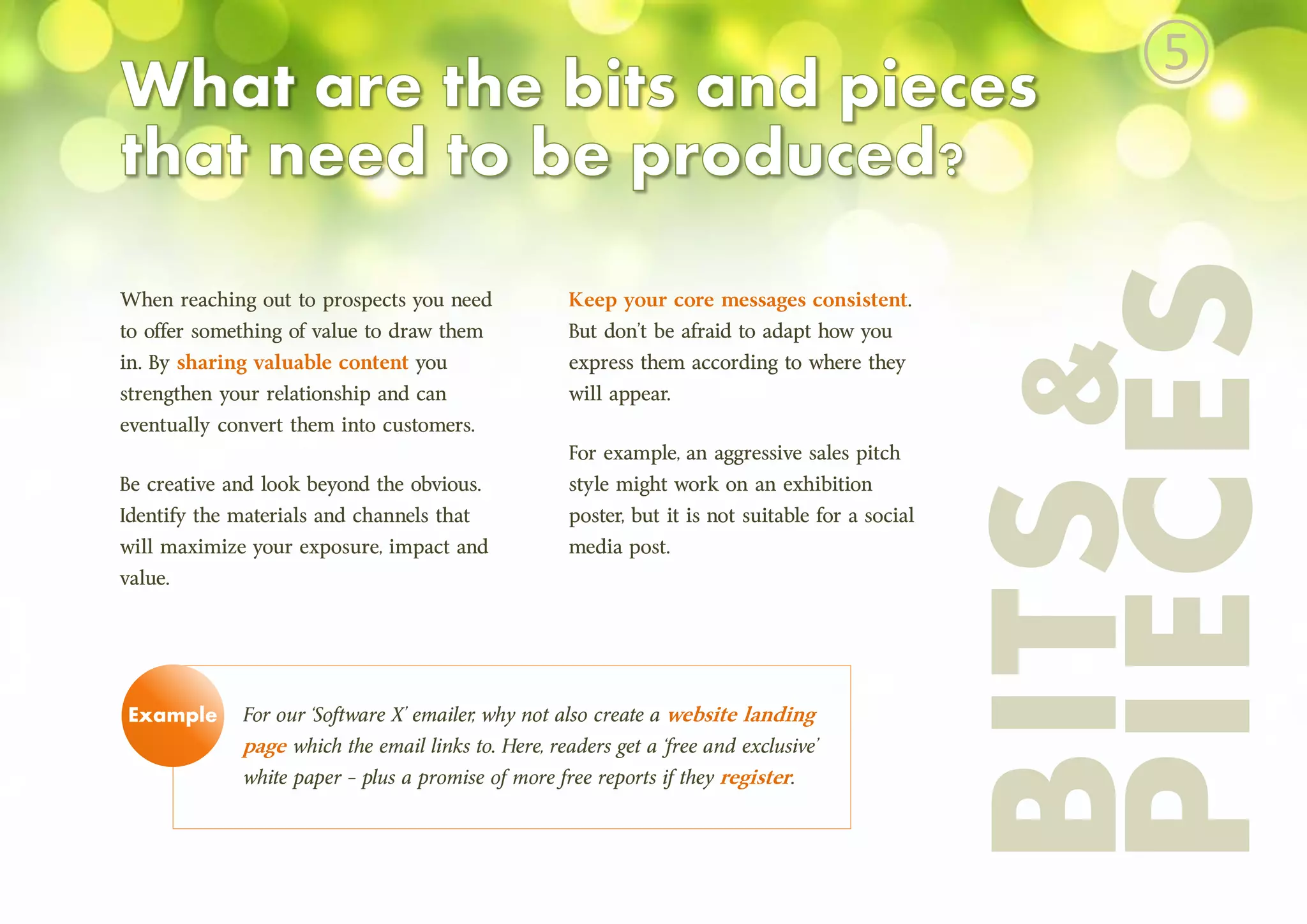 When reaching out to prospects you need
to offer something of value to draw them
in. By sharing valuable content you
strengthen your relationship and can
eventually convert them into customers.
Be creative and look beyond the obvious.
Identify the materials and channels that
will maximize your exposure, impact and
value.
For our ‘Software X’ emailer, why not also create a website landing
page which the email links to. Here, readers get a ‘free and exclusive’
white paper – plus a promise of more free reports if they register.
BITS&
PIECES
Example
Keep your core messages consistent.
But don’t be afraid to adapt how you
express them according to where they
will appear.
For example, an aggressive sales pitch
style might work on an exhibition
poster, but it is not suitable for a social
media post.
⑤
 