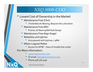 • Lowest Cost of Ownership in the Market!
• Maintenance Free Z Axis
• Frictionless Air Bearing, Requires No Lubrication
• Maintenance Free WEC
• Precise, Air Bearing Ball Seat Design
• Maintenance Free Align Stage!
• Reliability and Uptime
• Unsurpassed with Uptimes > 98%!
• Milara-Logosol Robot
• 60,000 Hrs MTBF –Years of trouble free cycles!
For More information:
• www.neutronixinc.com
• Or email: Sales@neutronixinc.com
• Phone:408-776-5190
15
NXQ 8000 COONXQ 8000 COO
Neutronix-Quintel Confidential -
 