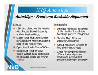5
AutoAlign - Front and Backside Alignment
Feature:
LED thru objective Illumination
with Recipe Stored Intensity
and contrast settings,
Single Field and Spiral search
for alignment marks that don’t
land in the field of view
Optimized load offset (OLOA)
Recipe Set Field of View –
Vision system runs calibration
to calculate pixels per micron
(New!)
The Benefits
Ultimate Flexibility in control
of illumination for reliable
AutoAlign pattern recognition
Shorter Align Time no
Operator Assistance
Added capability for hard to
find alignment targets
Great for compensation for
different size alignment
marks and getting best
possible alignment accuracy
NXQ Auto AlignNXQ Auto Align
Neutronix-Quintel Confidential -
 