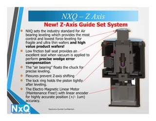 7
NXQ sets the industry standard for Air
bearing leveling which provides the most
control and lowest force leveling for
fragile and ultra thin wafers and high
value product wafers!
Low friction ball seat provides an
excellent seal when vacuum is applied to
perform precise wedge error
compensation
The “air bearing” floats the chuck for
precise leveling.
Flexures prevent Z-axis shifting
The lock ring holds the piston tightly
after leveling.
The Electro Magnetic Linear Motor
(Maintenance Free!) with linear encoder
for highly accurate position (+/- 1um)
accuracy..
New! Z-Axis Guide Set System
NXQ – Z AxisNXQ – Z Axis
Neutronix-Quintel Confidential -
 