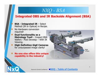 9
BSA - Integrated IR – Select
Method (IR or Optical) in Recipe.
No Hardware conversion
required!
Dual functionality as a
Metrology Tool! – Inspect BSA
Wafers - Post Develop – With IR
Viewing.
High Definition GigE Cameras
for unsurpassed image clarity!
No one else offers this unique
capability in the industry!
Integrated OBS and IR Backside Alignment (BSA)
Focus Motors
HD Cameras
Left
X
Motor
Y Motor
Right
X Motor
IR Illumination
NXQ - BSANXQ - BSA
Neutronix-Quintel Confidential - NXQ - Table of Contents
 