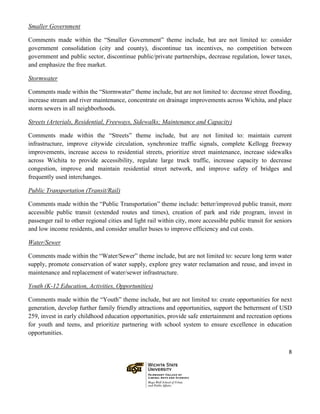 8
Smaller Government
Comments made within the “Smaller Government” theme include, but are not limited to: consider
government consolidation (city and county), discontinue tax incentives, no competition between
government and public sector, discontinue public/private partnerships, decrease regulation, lower taxes,
and emphasize the free market.
Stormwater
Comments made within the “Stormwater” theme include, but are not limited to: decrease street flooding,
increase stream and river maintenance, concentrate on drainage improvements across Wichita, and place
storm sewers in all neighborhoods.
Streets (Arterials, Residential, Freeways, Sidewalks; Maintenance and Capacity)
Comments made within the “Streets” theme include, but are not limited to: maintain current
infrastructure, improve citywide circulation, synchronize traffic signals, complete Kellogg freeway
improvements, increase access to residential streets, prioritize street maintenance, increase sidewalks
across Wichita to provide accessibility, regulate large truck traffic, increase capacity to decrease
congestion, improve and maintain residential street network, and improve safety of bridges and
frequently used interchanges.
Public Transportation (Transit/Rail)
Comments made within the “Public Transportation” theme include: better/improved public transit, more
accessible public transit (extended routes and times), creation of park and ride program, invest in
passenger rail to other regional cities and light rail within city, more accessible public transit for seniors
and low income residents, and consider smaller buses to improve efficiency and cut costs.
Water/Sewer
Comments made within the “Water/Sewer” theme include, but are not limited to: secure long term water
supply, promote conservation of water supply, explore grey water reclamation and reuse, and invest in
maintenance and replacement of water/sewer infrastructure.
Youth (K-12 Education, Activities, Opportunities)
Comments made within the “Youth” theme include, but are not limited to: create opportunities for next
generation, develop further family friendly attractions and opportunities, support the betterment of USD
259, invest in early childhood education opportunities, provide safe entertainment and recreation options
for youth and teens, and prioritize partnering with school system to ensure excellence in education
opportunities.
 