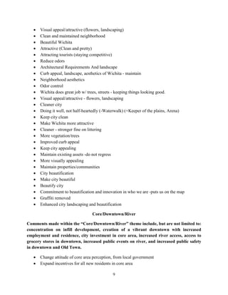9
• Visual appeal/attractive (flowers, landscaping)
• Clean and maintained neighborhood
• Beautiful Wichita
• Attractive (Clean and pretty)
• Attracting tourists (staying competitive)
• Reduce odors
• Architectural Requirements And landscape
• Curb appeal, landscape, aesthetics of Wichita - maintain
• Neighborhood aesthetics
• Odor control
• Wichita does great job w/ trees, streets - keeping things looking good.
• Visual appeal/attractive - flowers, landscaping
• Cleaner city
• Doing it well, not half-heartedly (-Waterwalk) (+Keeper of the plains, Arena)
• Keep city clean
• Make Wichita more attractive
• Cleaner - stronger fine on littering
• More vegetation/trees
• Improved curb appeal
• Keep city appealing
• Maintain existing assets -do not regress
• More visually appealing
• Maintain properties/communities
• City beautification
• Make city beautiful
• Beautify city
• Commitment to beautification and innovation in who we are -puts us on the map
• Graffiti removed
• Enhanced city landscaping and beautification
Core/Downtown/River
Comments made within the “Core/Downtown/River” theme include, but are not limited to:
concentration on infill development, creation of a vibrant downtown with increased
employment and residence, city investment in core area, increased river access, access to
grocery stores in downtown, increased public events on river, and increased public safety
in downtown and Old Town.
• Change attitude of core area perception, from local government
• Expand incentives for all new residents in core area
 