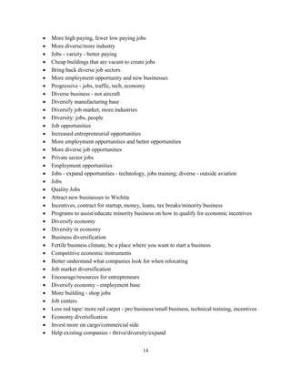 14
• More high paying, fewer low paying jobs
• More diverse/more industry
• Jobs - variety - better paying
• Cheap buildings that are vacant to create jobs
• Bring back diverse job sectors
• More employment opportunity and new businesses
• Progressive - jobs, traffic, tech, economy
• Diverse business - not aircraft
• Diversify manufacturing base
• Diversify job market, more industries
• Diversity: jobs, people
• Job opportunities
• Increased entrepreneurial opportunities
• More employment opportunities and better opportunities
• More diverse job opportunities
• Private sector jobs
• Employment opportunities
• Jobs - expand opportunities - technology, jobs training; diverse - outside aviation
• Jobs
• Quality Jobs
• Attract new businesses to Wichita
• Incentives, contract for startup, money, loans, tax breaks/minority business
• Programs to assist/educate minority business on how to qualify for economic incentives
• Diversify economy
• Diversity in economy
• Business diversification
• Fertile business climate, be a place where you want to start a business
• Competitive economic instruments
• Better understand what companies look for when relocating
• Job market diversification
• Encourage/resources for entrepreneurs
• Diversify economy - employment base
• More building - shop jobs
• Job centers
• Less red tape/ more red carpet - pro business/small business, technical training, incentives
• Economy diversification
• Invest more on cargo/commercial side
• Help existing companies - thrive/diversity/expand
 
