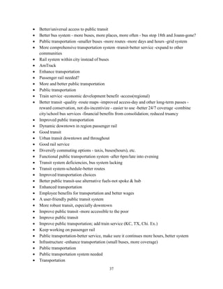 37
• Better/universal access to public transit
• Better bus system - more buses, more places, more often - bus stop 18th and Joann-gone?
• Public transportation -smaller buses -more routes -more days and hours -grid system
• More comprehensive transportation system -transit-better service -expand to other
communities
• Rail system within city instead of buses
• AmTrack
• Enhance transportation
• Passenger rail needed?
• More and better public transportation
• Public transportation
• Train service -economic development benefit -access(regional)
• Better transit -quality -route maps -improved access-day and other long-term passes -
reward conservation, not dis-incentivize - easier to use -better 24/7 coverage -combine
city/school bus services -financial benefits from consolidation; reduced truancy
• Improved public transportation
• Dynamic downtown in region passenger rail
• Good transit
• Urban transit downtown and throughout
• Good rail service
• Diversify commuting options - taxis, buses(hours), etc.
• Functional public transportation system -after 6pm/late into evening
• Transit system deficiencies, bus system lacking
• Transit system-schedule-better routes
• Improved transportation choices
• Better public transit-use alternative fuels-not spoke & hub
• Enhanced transportation
• Employee benefits for transportation and better wages
• A user-friendly public transit system
• More robust transit, especially downtown
• Improve public transit -more accessible to the poor
• Improve public transit
• Improve public transportation; add train service (KC, TX, Chi. Ex.)
• Keep working on passenger rail
• Public transportation-better service, make sure it continues more hours, better system
• Infrastructure -enhance transportation (small buses, more coverage)
• Public transportation
• Public transportation system needed
• Transportation
 