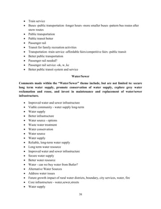 38
• Train service
• Buses -public transportation -longer hours -more smaller buses -pattern bus routes after
snow routes
• Public transportation
• Public transit better
• Passenger rail
• Transit for family recreation activities
• Transportation -train service -affordable fairs/competitive fairs -public transit
• Better public transportation
• Passenger rail needed?
• Passenger rail service -ok, w, kc
• Better public transit system and service
Water/Sewer
Comments made within the “Water/Sewer” theme include, but are not limited to: secure
long term water supply, promote conservation of water supply, explore grey water
reclamation and reuse, and invest in maintenance and replacement of water/sewer
infrastructure.
• Improved water and sewer infrastructure
• Viable community - water supply long-term
• Water supply
• Better infrastructure
• Water source - options
• Waste water treatment
• Water conservation
• Water source
• Water supply
• Reliable, long-term water supply
• Long term water resource
• Improved water and sewer infrastructure
• Secure water supply
• Better water resource
• Water - can we buy water from Butler?
• Alternative Water Sources
• Address water issues
• Future growth impact of rural water districts, boundary, city services, water, fire
• Core infrastructure - water,sewer,streets
• Water supply
 