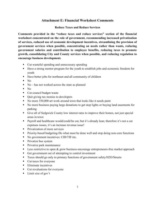 1
Attachment E: Financial Worksheet Comments
Reduce Taxes and Reduce Services
Comments provided in the “reduce taxes and reduce services” section of the financial
worksheet concentrated on the role of government, recommending increased privatization
of services, reduced use of economic development incentives, streamlining the provision of
government services when possible, concentrating on needs rather than wants, reducing
government salaries and contribution to employee benefits, reducing taxes to promote
growth, consolidating City and County services when possible, and reducing regulation to
encourage business development.
 Cut wasteful spending and unnecessary spending
 Have a strong mentor program for the youth to establish jobs and economic freedom for
youth
 Have better jobs for northeast and all community of children
 No
 No – has not worked across the state as planned
 No
 Cut council budget-waste
 Quit giving tax monies to developers
 No more 350,000 art work around town that looks like it needs paint
 No more business paying large donations to get stop lights or buying land easements for
parking
 Give all of Sedgwick County low interest rates to improve their homes, not just special
areas in town
 Payroll and healthcare would/could be cut, but it’s already lean; therefore it’s not a cut
expenses issues, it’s an increase revenue issue!
 Privatization of more services
 Priority-based budgeting-Do what must be done well and stop doing non-core functions
 No government incentives: CID/TIF/etc.
 Privatize bus system
 Privatize park maintenance
 Less restrictive to open & grow business-encourage entrepreneurs-free market approach
 Get government out of attempting to control investment
 Taxes should go only to primary functions of government safety/H2O/Streets
 Cut taxes for everyone
 Eliminate incentives
 Cut revaluations for everyone
 Limit size of gov’t
 