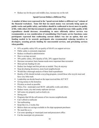 10
 Reduce tax for the poor and middle class, increase tax on the rich
Spend Current Dollars a Different Way
A number of ideas were expressed in the “spend current dollars a different way” column of
the financial worksheet. Some felt that too much money was currently being spent on
public works and public safety, and dollars should be reallocated to invest more in quality
of life, while others felt that investment in public safety should increase while quality of life
expenditures should decrease; streamlining to more efficiently deliver services was
recommended, as was consideration of consolidating City/County service functions; some
participants expressed that reallocating current dollars was not an option, that new
funding needed to be secured; participants also recommended reducing incentives to
developers, securing private funding for non-essential services, and privatizing services
when possible.
 85% on public safety/10% on quality of life/6% on support services
 Public safety is extremely important
 Reduce overhead in administration
 Have a savings account
 50% public safety, 30% Quality of life, 20% support function
 Decrease recreation; basic human needs more important than recreation
 More private funding for arts
 Reduce law budget and hire private as needed. They do anyway
 Stop developing downtown, more local neighborhoods
 Would like a thorough analysis of these fund expenditures
 Quality of life should include a recycling program, reward those who recycle most and
have very little trash
 Leadership can decide based on the input received thru ACT ICT
 Giving money to the homeless
 Privatize as much as possible
 Police, Fire –municipal court $0.50 –add public works and others
 Reduce waste, city and county replicate services
 Sell some city property such as hotels etc.
 Strong core
 Programs that lift the self-esteem of low income neighborhoods
 Can’t afford to reallocate
 Not reallocating
 Keep like it is, it works fine
 Believe there are savings available in fire dept equipment purchases
 We need this as is
 Cut some spending w/ municipal court and prosecutors office
 Cut the municipal city prosecutor
 