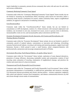 6
inspire leadership in community, promote diverse community that works with and cares for each other,
and increase collaboration.
Community Marketing/Community Visual Appeal
Comments made within the “Community Marketing/Community Visual Appeal” theme include, but are
not limited to: increasing city beautification efforts, becoming a place known for innovation, define a
community brand, become a destination for tourists, market community better, improve neighborhood
aesthetics, be aggressive and proactive in marketing community.
Core/Downtown/River
Comments made within the “Core/Downtown/River” theme include, but are not limited to:
concentration on infill development, creation of a vibrant downtown with increased employment and
residence, city investment in core area, increased river access, access to grocery stores in downtown,
increased public events on river, and increased public safety in downtown and Old Town.
Economic Development (Community Growth, Innovation, Job Creation and Diversification, Job
Training, Business Promotion)
Comments made within the “Economic Development” theme include, but are not limited to: growth of
community, growth of medical industry, concentration on innovation and technology, diversifying
economy beyond aircraft industry, investing in job training and mentoring programs, support local small
businesses, become a fertile ground to grow a small business, attract companies/industries with
professional jobs, and promote and encourage entrepreneurial spirit in Wichita.
Environment (Recycling, Trash Disposal Options, Air quality, Being "green")
Comments made within the “Environment” theme include: exploration of waste disposal alternatives,
promotion of energy efficiency, showcasing sustainable systems and communities, creation of local
recycling center, promotion of recycling, continuation of neighborhood cleanups, and prioritize the
creation and conservation of a clean environment.
Transparent and Fiscally Responsible Local Government
Comments made within the “Transparent and Fiscally Responsible Local Government” theme include:
government demonstration of accountability in public/private partnerships and incentives, encourage
civil discussions between government and citizens, decrease politics – increase cooperation, emphasize
debt control and reduction, increase fiscal transparency, and enhance communication between city hall
and citizens through various modes of communication.
 