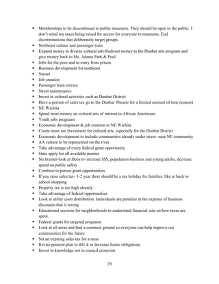 29
 Memberships to be discontinued to public museums. They should be open to the public. I
don’t mind my taxes being raised for access for everyone to museums. End
discriminations that deliberately target groups.
 Northeast culture and passenger train.
 Expand money to diverse cultural arts-Redirect money to the Dunbar arts program and
give money back to Ms. Adams Park & Pool.
 Jobs for the poor and re-entry from prison.
 Business development for northeast.
 Sunset
 Job creation
 Passenger train service
 Street maintenance
 Invest in cultural activities such as Dunbar District
 Have a portion of sales tax go to the Dunbar Theater for a limited amount of time (sunset)
 NE Wichita
 Spend more money on cultural arts of interest to African Americans
 Youth jobs programs
 Economic development & job creation in NE Wichita
 Create more tax investment for cultural arts, especially for the Dunbar District
 Economic development to include communities already under stress- near NE community
 AA culture to be represented on the river
 Take advantage of every federal grant opportunity
 State apply for all available monies
 No brainer-look at Denver- increase $$$, population business and young adults, decrease
spend on public safety
 Continue to pursue grant opportunities
 If you raise sales tax- 1-2 year there should be a tax holiday for families, like at back to
school shopping
 Property tax is too high already
 Take advantage of federal opportunities
 Look at utility costs distribution. Individuals are penalize at the expense of business
discounts-that is wrong
 Educational sessions for neighborhoods to understand financial side on how taxes are
spent.
 Federal grants for targeted programs
 Look at all areas and find a common ground so everyone can help improve our
communities for the future
 Set an expiring sales tax for a raise
 Revise pension plan to 401-k to decrease future obligations
 Invest in knowledge not in council cronyism
 