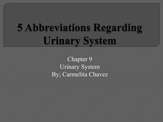 5 Abbreviations RegardingUrinary System Chapter 9 Urinary System By; Carmelita Chavez 