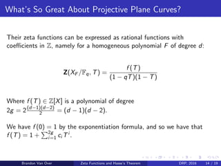 What’s So Great About Projective Plane Curves?
Their zeta functions can be expressed as rational functions with
coeﬃcients in Z, namely for a homogeneous polynomial F of degree d:
Z(XF /Fq, T) =
f (T)
(1 − qT)(1 − T)
Where f (T) ∈ Z[X] is a polynomial of degree
2g = 2(d−1)(d−2)
2 = (d − 1)(d − 2).
We have f (0) = 1 by the exponentiation formula, and so we have that
f (T) = 1 + 2g
i=1 ci Ti .
Brandon Van Over Zeta Functions and Hasse’s Theorem DRP, 2016 14 / 19
 