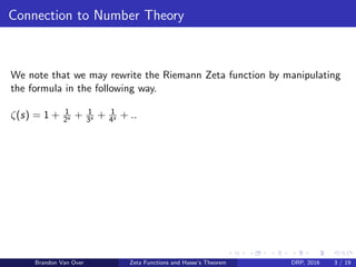 Connection to Number Theory
We note that we may rewrite the Riemann Zeta function by manipulating
the formula in the following way.
ζ(s) = 1 + 1
2s + 1
3s + 1
4s + ..
Brandon Van Over Zeta Functions and Hasse’s Theorem DRP, 2016 3 / 19
 