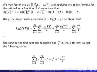 We may factor this as 2g
i=1(1 − ωi T), and applying the above formula for
the rational zeta function of F we obtain that
log(Z(T)) = log( 2g
i=1(1 − ωi T)) − log(1 − qT) − log(1 − T)
Using the power series expansion of − log(1 − x) we obtain that
log(Z(T)) =
2g
i=1
∞
k=1
(ωi T)k
k
+
∞
k=1
(qT)k
k
+
∞
k=1
Tk
k
.
Rearranging the ﬁrst sum and factoring out Tk
k in the k-th term we get
the following series:
∞
k=1
(−
2g
i=1
ωk
i + qk
+ 1)
Tk
k
Brandon Van Over Zeta Functions and Hasse’s Theorem DRP, 2016 15 / 19
 