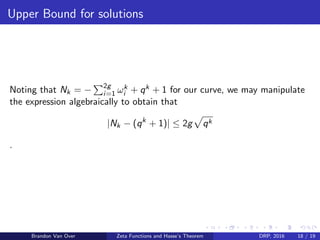 Upper Bound for solutions
Noting that Nk = − 2g
i=1 ωk
i + qk + 1 for our curve, we may manipulate
the expression algebraically to obtain that
|Nk − (qk
+ 1)| ≤ 2g qk
.
Brandon Van Over Zeta Functions and Hasse’s Theorem DRP, 2016 18 / 19
 