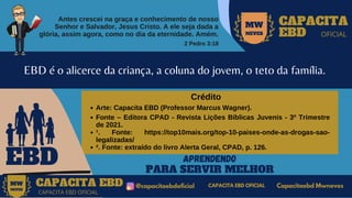 Antes crescei na graça e conhecimento de nosso
Senhor e Salvador, Jesus Cristo. A ele seja dada a
glória, assim agora, como no dia da eternidade. Amém.
2 Pedro 3:18
MW
NEVES
CAPACITA
EBD OFICIAL
EBD
EBD é o alicerce da criança, a coluna do jovem, o teto da família.
APRENDENDO
PARA SERVIR MELHOR
CAPACITA EBD @capacitaebdoficial
MW
NEVES
CAPACITA EBD OFICIAL
Capacitaebd Mwneves
CAPACITA EBD OFICIAL
MW
NEVES
Arte: Capacita EBD (Professor Marcus Wagner).
Fonte – Editora CPAD - Revista Lições Bíblicas Juvenis - 3º Trimestre
de 2021.
¹. Fonte: https://top10mais.org/top-10-paises-onde-as-drogas-sao-
legalizadas/
². Fonte: extraído do livro Alerta Geral, CPAD, p. 126.
Crédito
 