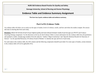 pg. 1
NURS 563 Evidence-Based Practice for Quality and Safety
Gonzaga University, School of Nursing and Human Physiology
Evidence Table and Evidence Summary Assignment
This form has 2 parts: evidence table and evidence summary.
Part I of II. Evidence Table
An evidence table will allow you to easily see the types of studies, levels of evidence, results, and how and where the studies compare. Be concise
and clear in entering data from each study.
Directions: Obtain the full text of each of your highest quality and most relevant 8 keeper studies found through your PICOT and Evidence
Searching Strategy assignment. Use the directions in the key for the Evidence Table to extract information for the evidence table from all quantitative
and qualitative studies. Include page numbers from the study for “Authors’ Major Conclusions” and “Specific Statistical Results for Outcomes of
Interest”. Use the specified Hierarchy of Evidence found in Module 1 to identify the type and level of each study.
For each study in the evidence table, the APA citation and the following components should be provided. For some types of studies, certain elements
in the evidence table will not be applicable (NA).
 