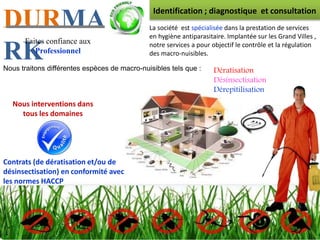 Identification ; diagnostique et consultation
Dératisation
Désinsectisation
Dérepitilisation
DURMA
RKNous traitons différentes espèces de macro-nuisibles tels que :
Contrats (de dératisation et/ou de
désinsectisation) en conformité avec
les normes HACCP
La société est spécialisée dans la prestation de services
en hygiène antiparasitaire. Implantée sur les Grand Villes ,
notre services a pour objectif le contrôle et la régulation
des macro-nuisibles.
Faites confiance aux
Professionnel
Nous interventions dans
tous les domaines
 