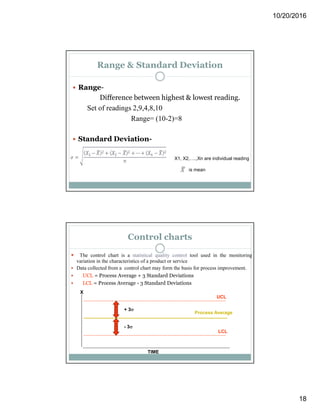 10/20/2016
18
Range & Standard Deviation
 Range-
Difference between highest & lowest reading.
Set of readings 2,9,4,8,10
Range= (10-2)=8
 Standard Deviation-
X1, X2,….,Xn are individual reading
is mean
Control charts
 The control chart is a statistical quality control tool used in the monitoring
variation in the characteristics of a product or service
 Data collected from a control chart may form the basis for process improvement.
 UCL = Process Average + 3 Standard Deviations
 LCL = Process Average - 3 Standard Deviations
Process Average
UCL
LCL
X
+ 3
- 3
TIME
 