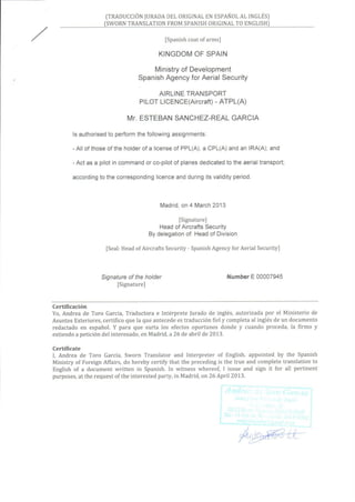 SWORN TRANSLATION - Spanish Aviation Authorities (AESA) ATPL (A) Letter of Issuance
